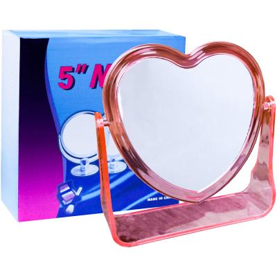 Oglinda cosmetica de make-up in forma de inima, cu 2 fete si suport din plastic, 18 x 16 CM